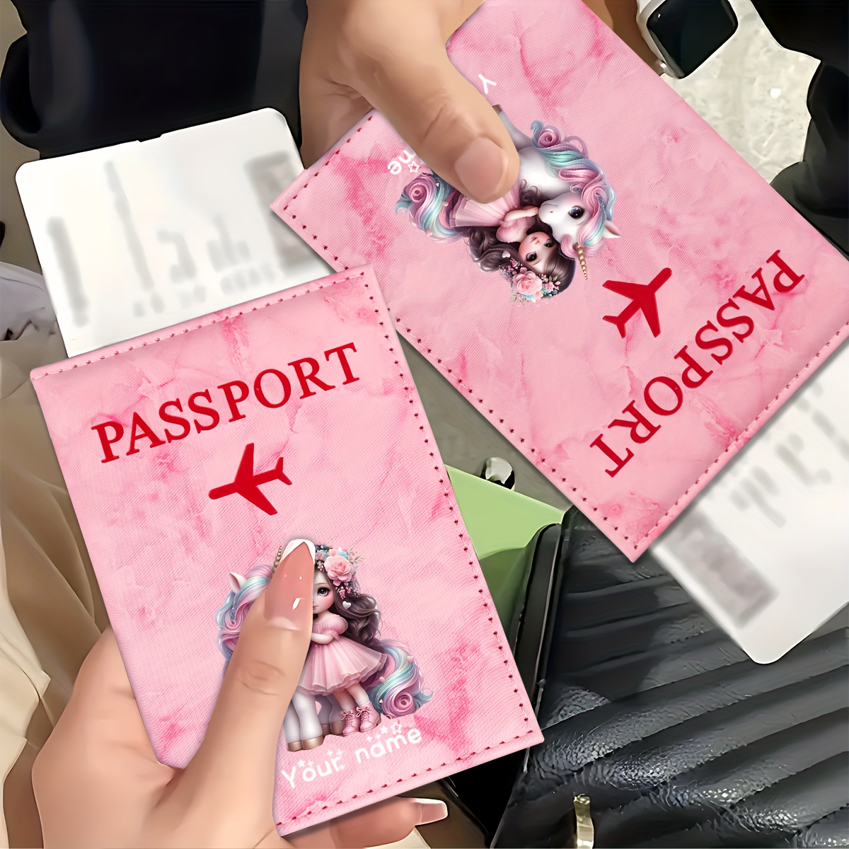 Travel Accessories Plane - Unicorn Girl-patroon PU-paspoorthouder met gouden vliegtuigicoon,